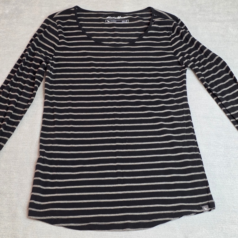 Eddie Bauer Striped Long Sleeve Top Womens M Black Grey Outdoor Scoop Neck Tee